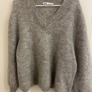 Zara Light Gray Mohair and Wool V-Neck Sweater